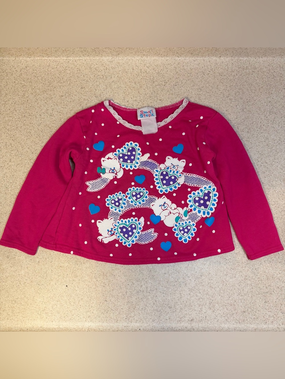 VINTAGE Girls Small Steps Size 3T Teddy Bear Heart Graphic Long Sleeve Top